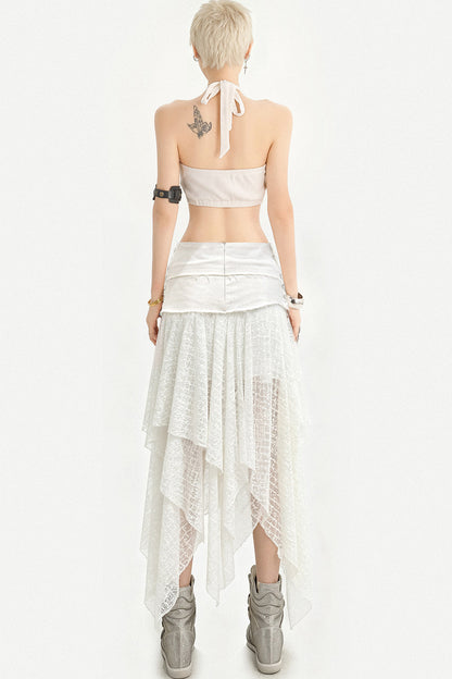 White Cross Print Studded Halter Top