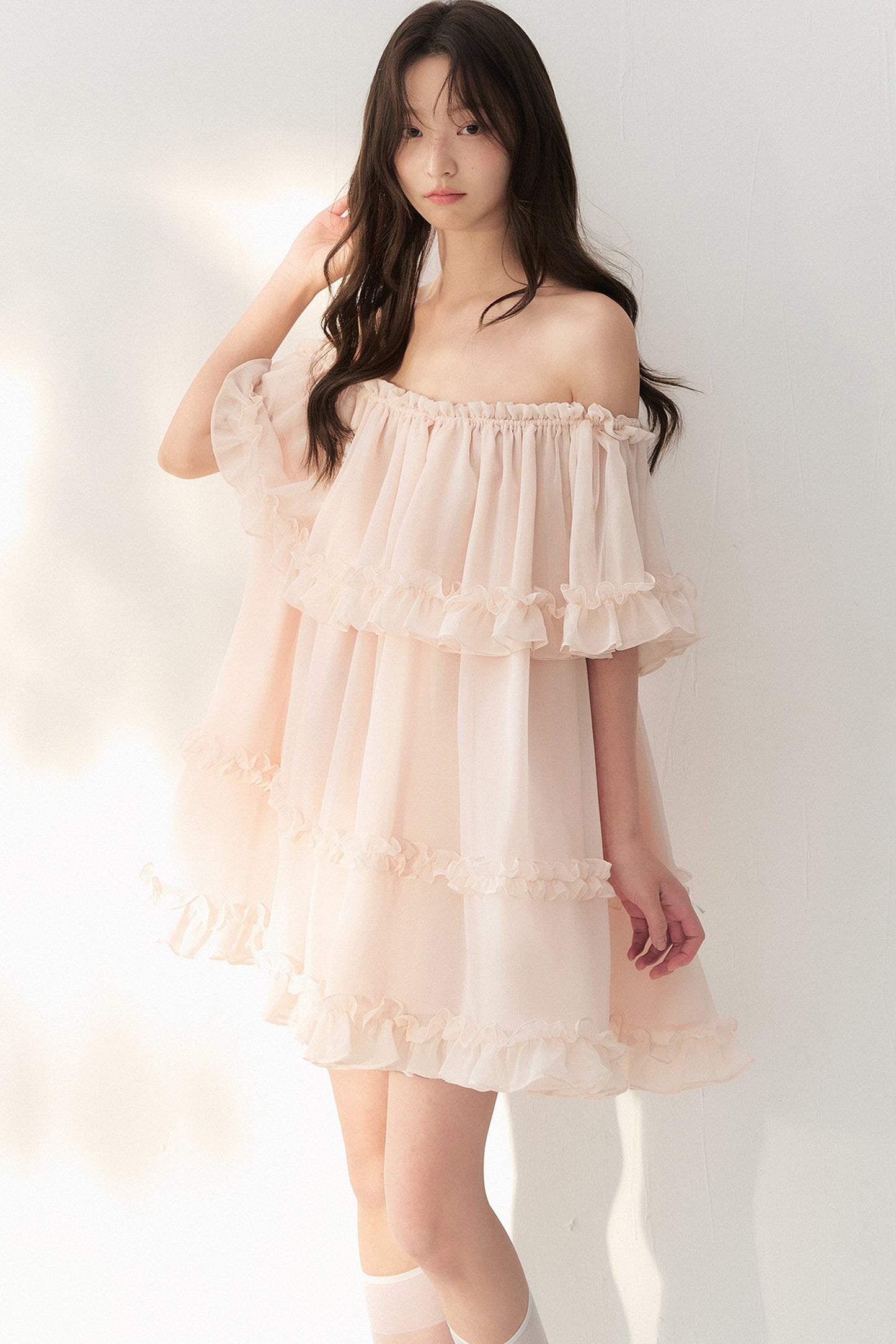 One-Shoulder Smoky Pink Tulle Lace Dress