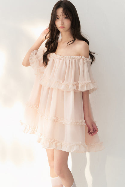 One-Shoulder Smoky Pink Tulle Lace Dress