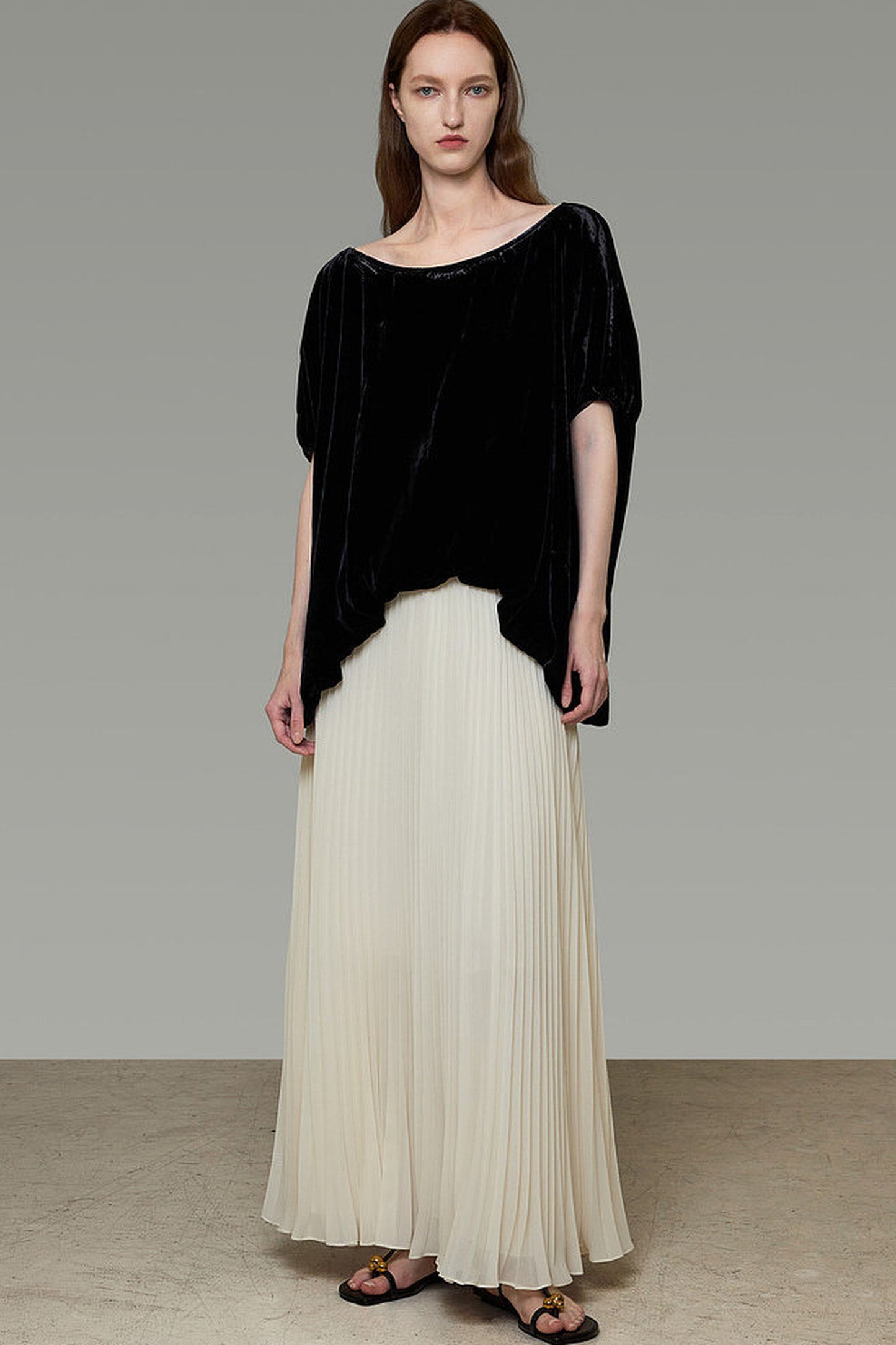 Black Velvet Top And Pleated Skirt Set