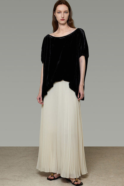 Black Velvet Top And Pleated Skirt Set