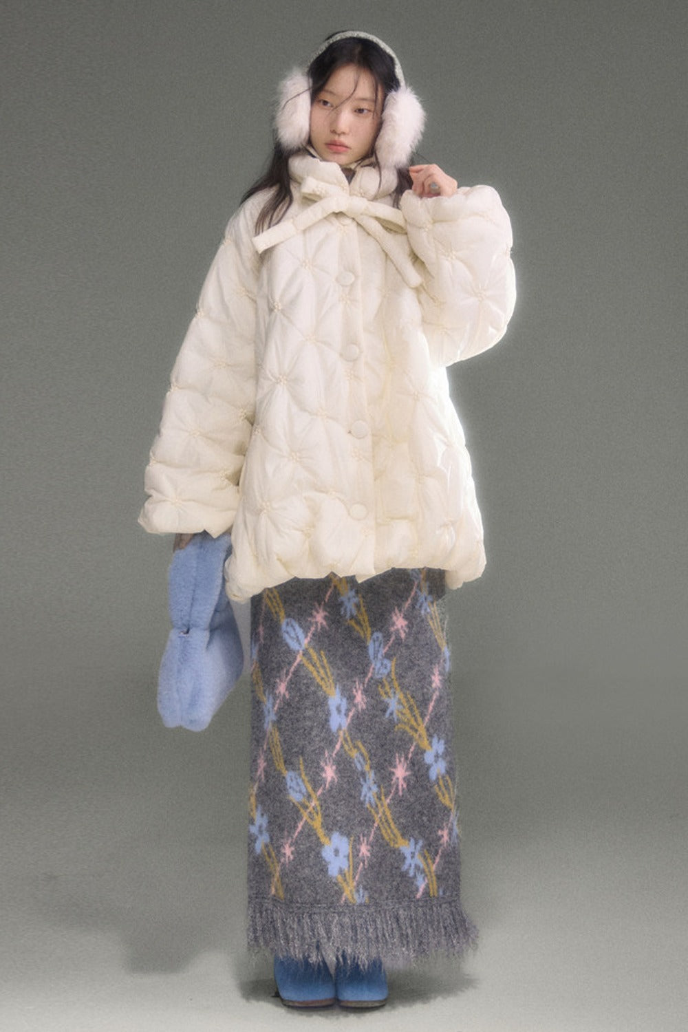 Ear-Shaped Wool-Blend Bird and Flower Jacquard Dress Set-Up