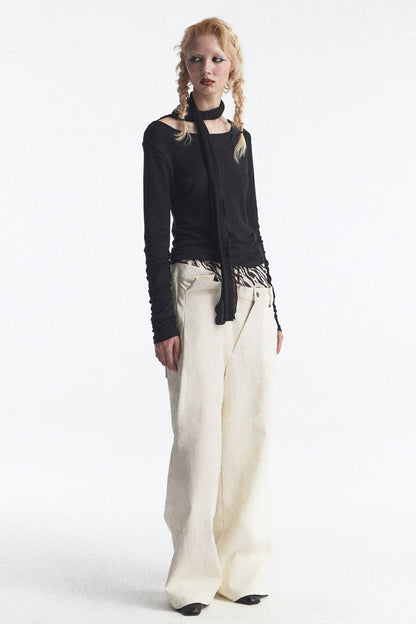 Zebra Print Double Waistband Wide-Leg Pants