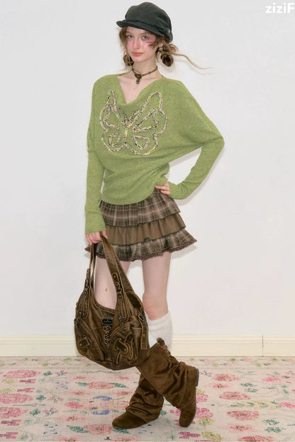 Brown Plaid Ruffled Skirt