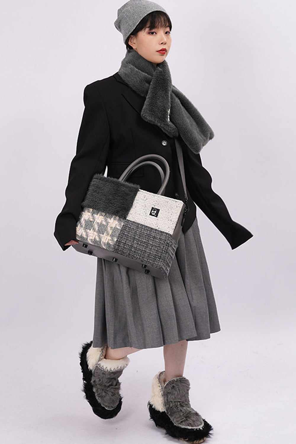 Furry Color-Block Tote Bag
