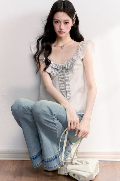 Ruffled Flutter Sleeve Plaid Bow Top