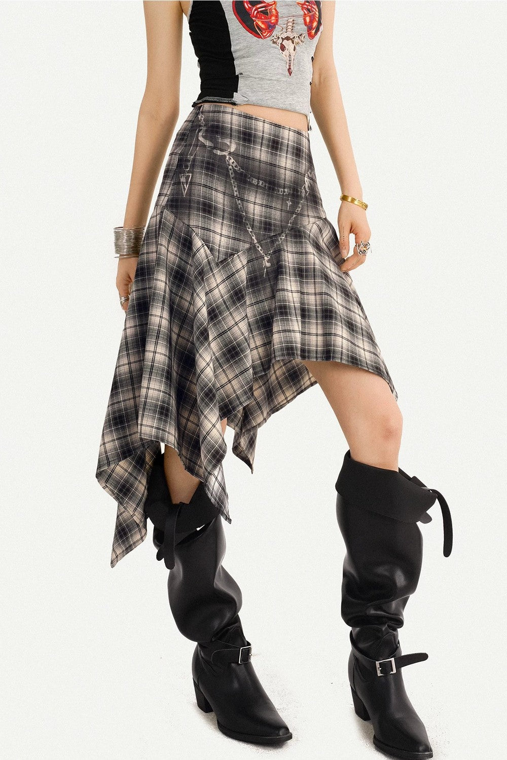 Retro Asymmetrical Plaid Midi Skirt
