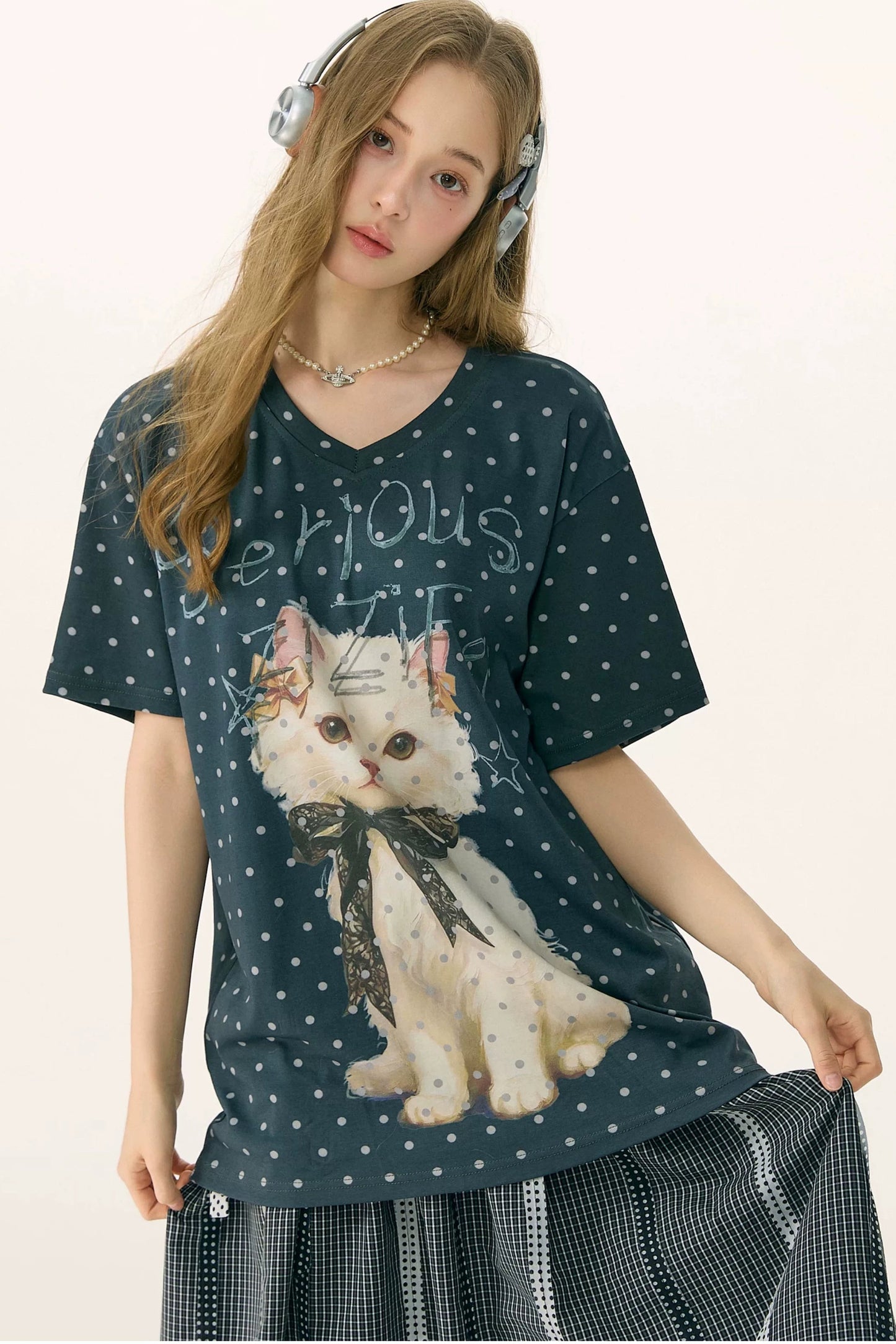 Polka Dot Cat V-Neck Blouse