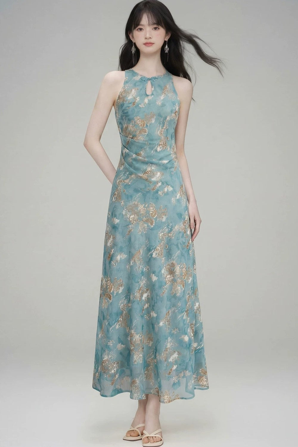 New Chinese Gold Jacquard Dress
