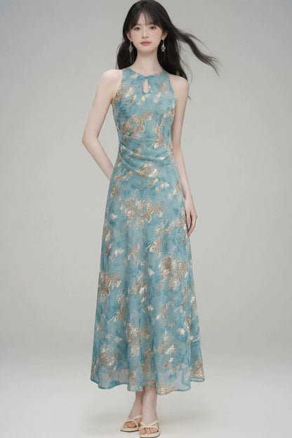 New Chinese Gold Jacquard Dress