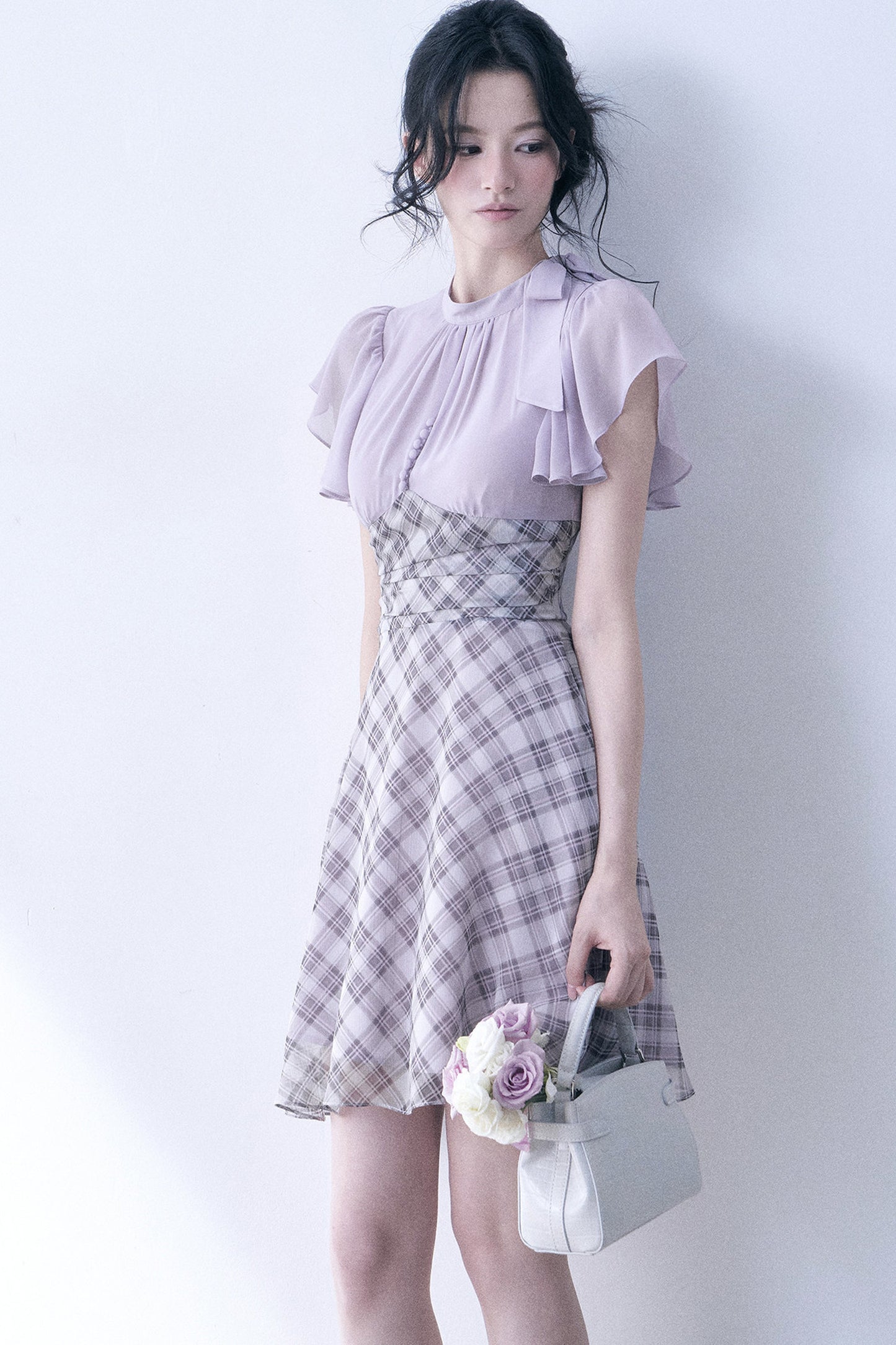 Lavender Plaid Flutter Sleeve Dress