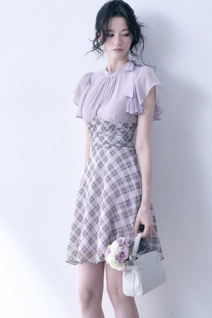 Lavender Plaid Flutter Sleeve Dress