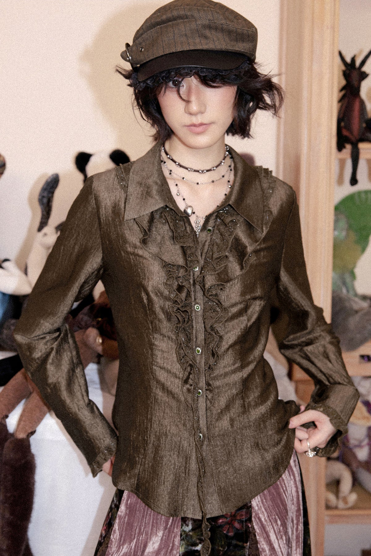 Ruffled Acetate Chiffon Shirt and Skirt Set-Up