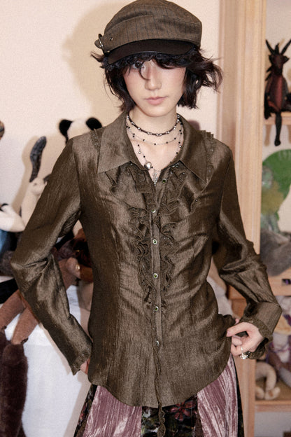 Ruffled Acetate Chiffon Shirt and Skirt Set-Up