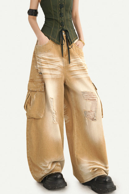 High-Waisted Ripped Workwear Jeans