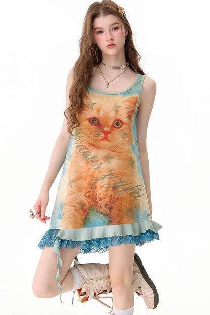 Robe chasuble à imprimé chat et bordure en dentelle
