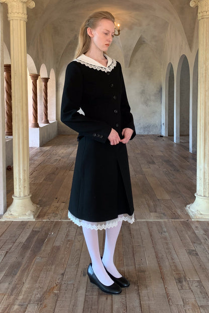 Black Lace Collar Jacket and Skirt Set-Up
