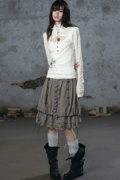 Tie-Neck Silver-Printed Long-Sleeve Top