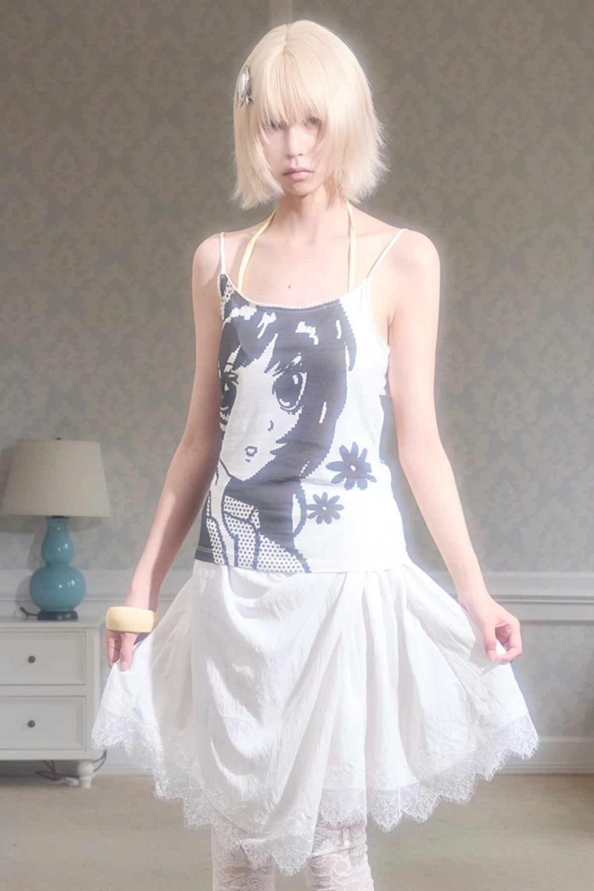 Asymmetrical Pleated A-Line Lace Trim Skirt