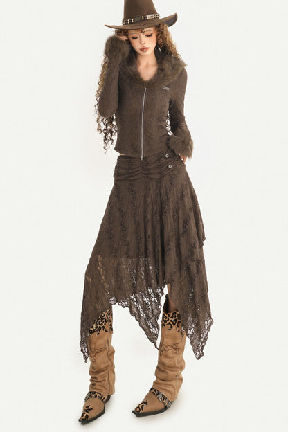 American Retro Fur Collar Knitted Cardigan and Skirt Set-Up