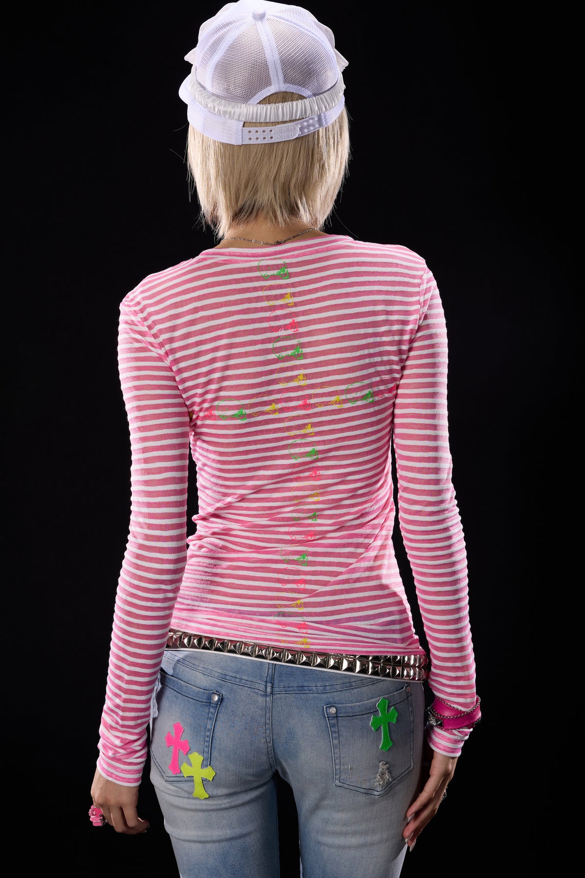 Skull Print Striped Long-Sleeve T-Shirt
