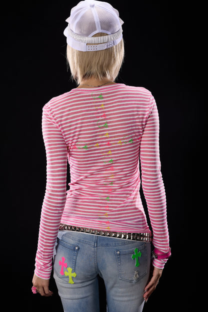Skull Print Striped Long-Sleeve T-Shirt