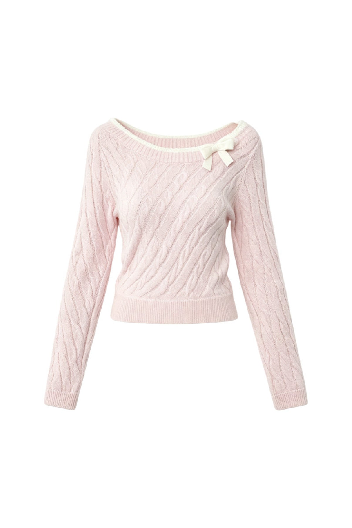 Pink Bow Cable-Knit Off-Shoulder Sweater