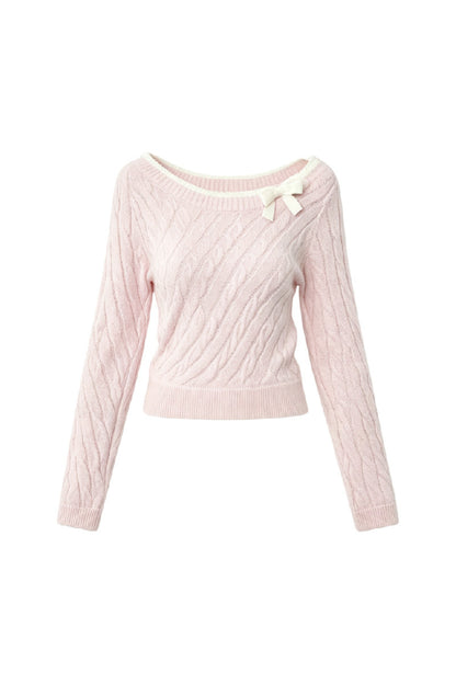 Pink Bow Cable-Knit Off-Shoulder Sweater
