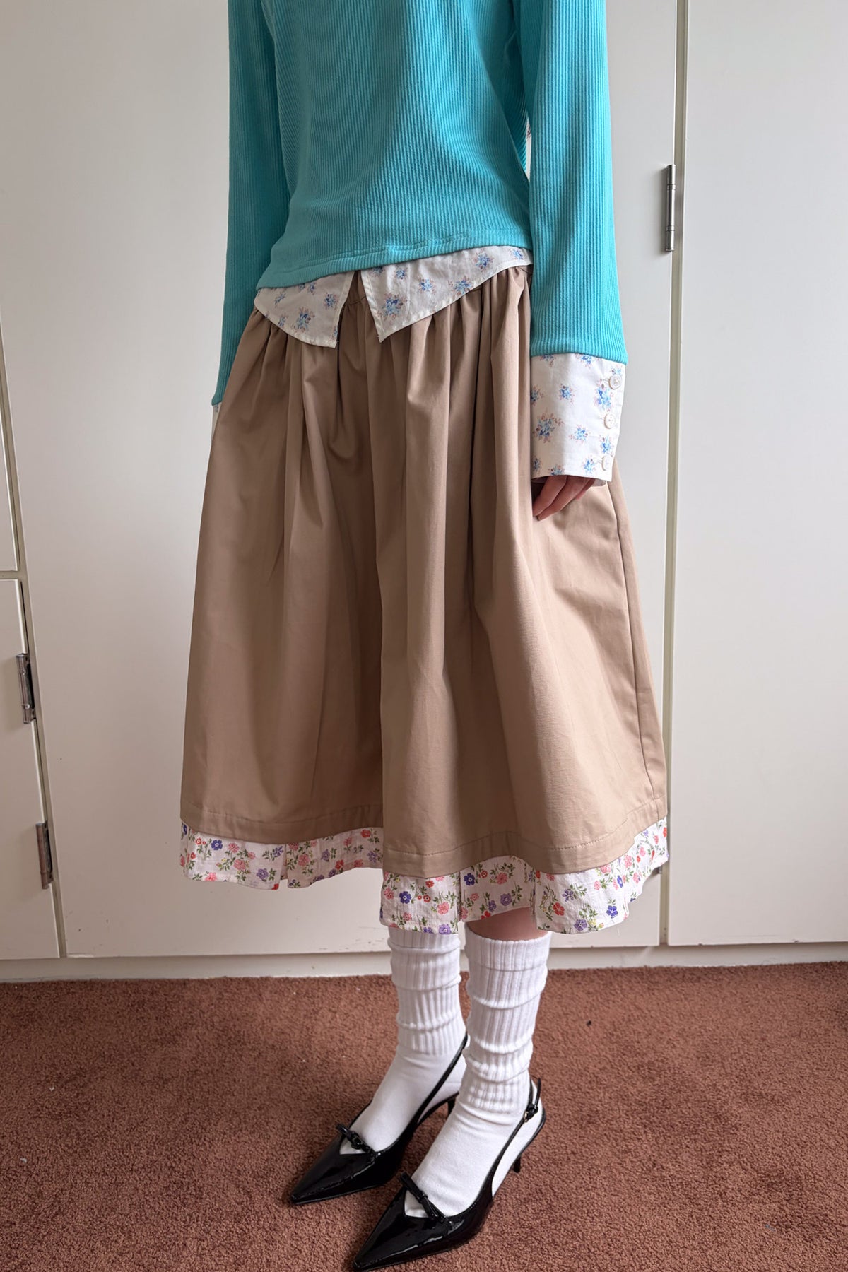 Floral Patchwork Ruched A-Line Skirt