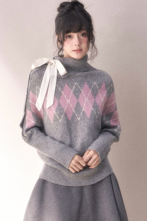 Gray Purple Argyle Bow High Neck Sweater