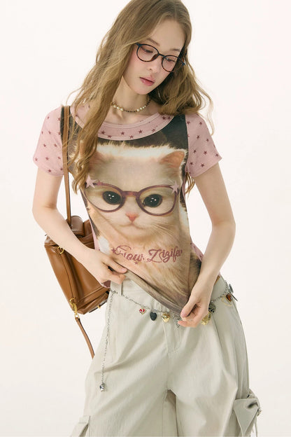 Retro Distressed Cat Print Yellow T-Shirt