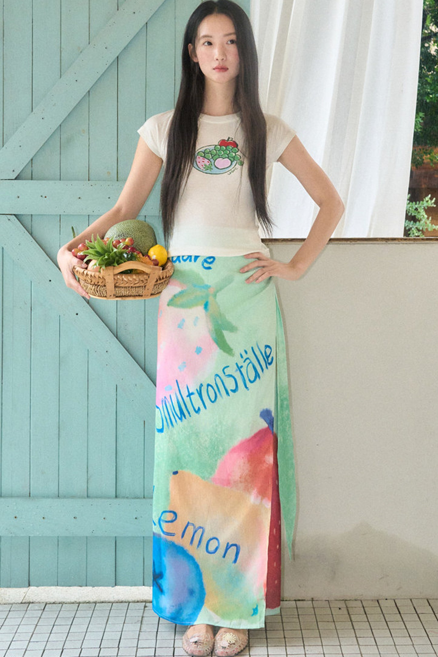 Hand-Painted Fruit Print T-Shirt and Wrap Skirt Set-Up