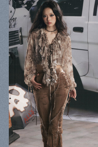 Blusa rétro con scollo a V e volant