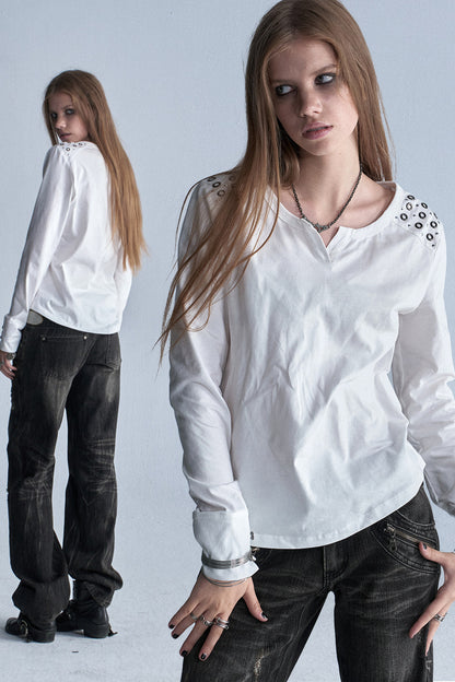White V-Neck Rhinestone Long Sleeve T-Shirt