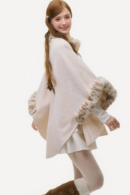 Leopard Print Fur Spliced Wool Cape