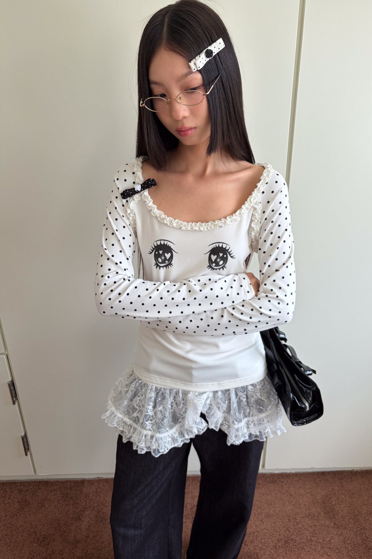 Polka Dot Eye Print Long Sleeve Top