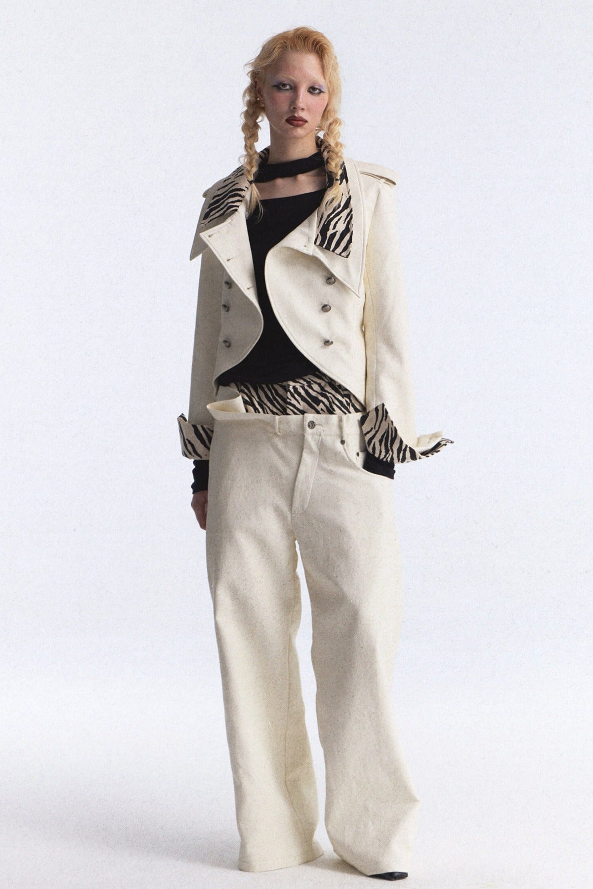 Zebra Print Patchwork Asymmetrical Double-Breasted Jacket