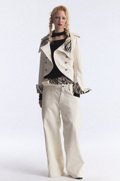 Zebra Print Patchwork Asymmetrical Double-Breasted Jacket