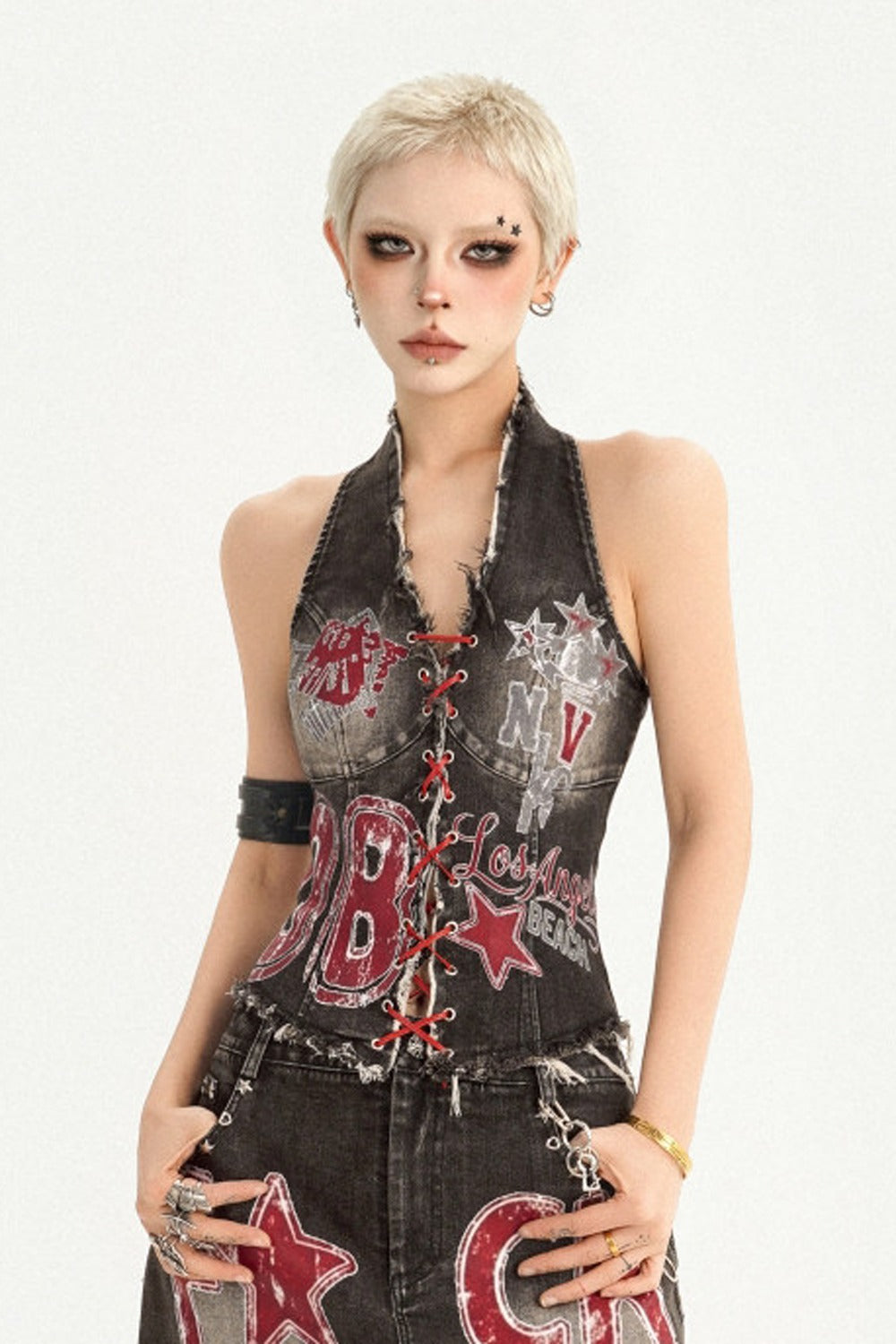 Y2K-Camisole mit Buchstaben-Print und Schnürung