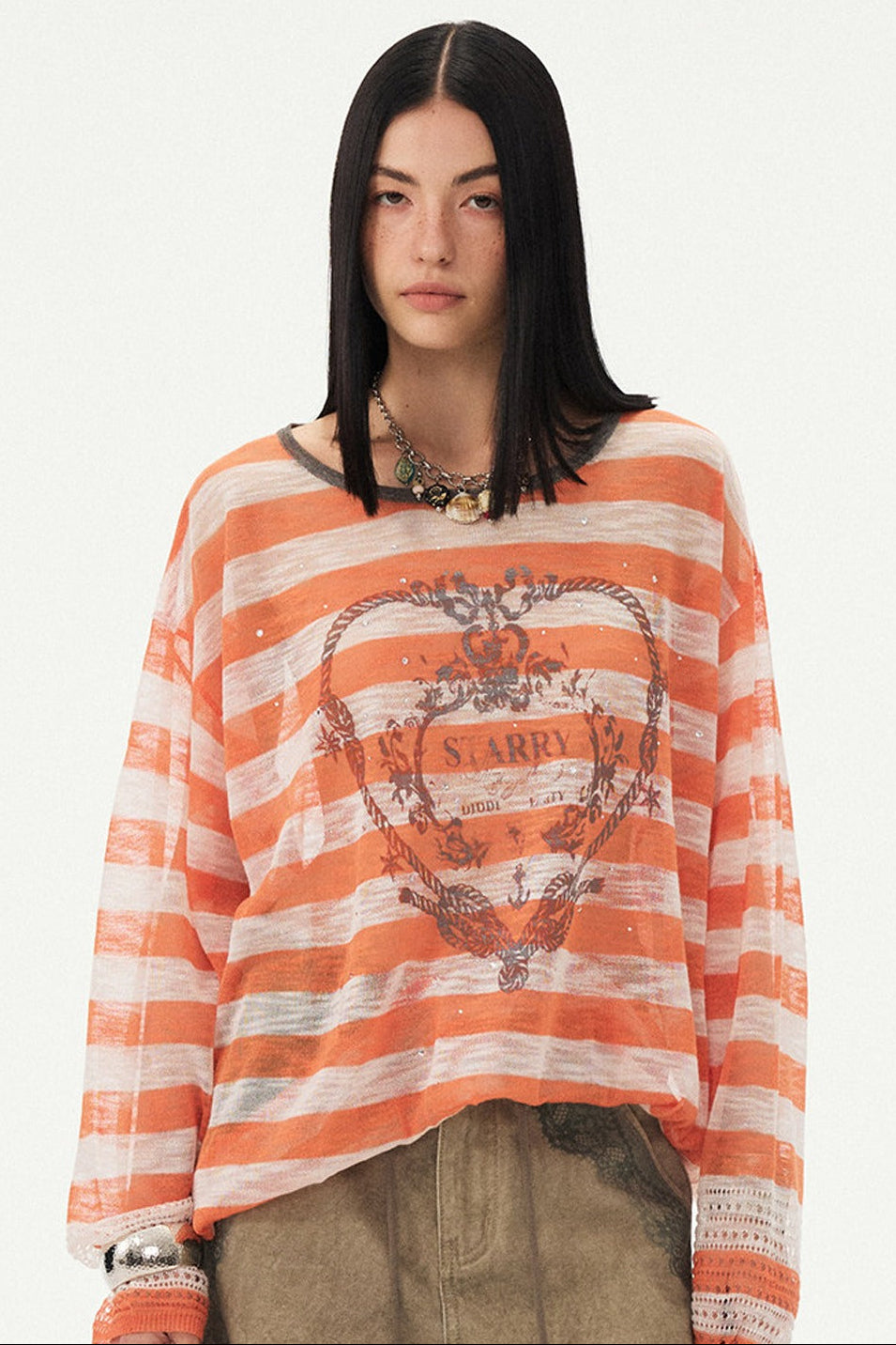 Knotted Heart Striped Knit Blouse