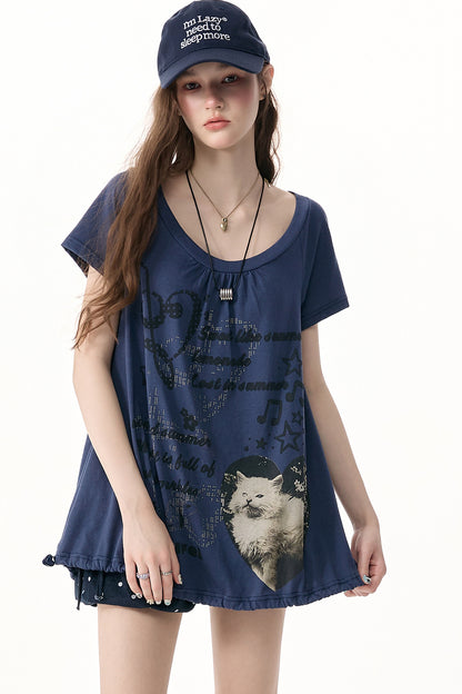 Cat Print Drawstring Short Sleeve T-Shirt