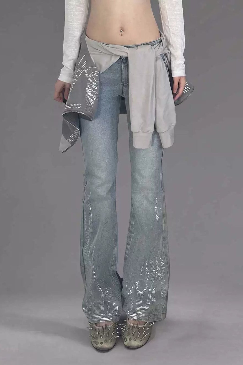 Low-Waisted Rhinestone Flared Jeans