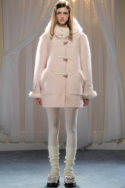 Toggle Button Fur Collar Hooded Coat