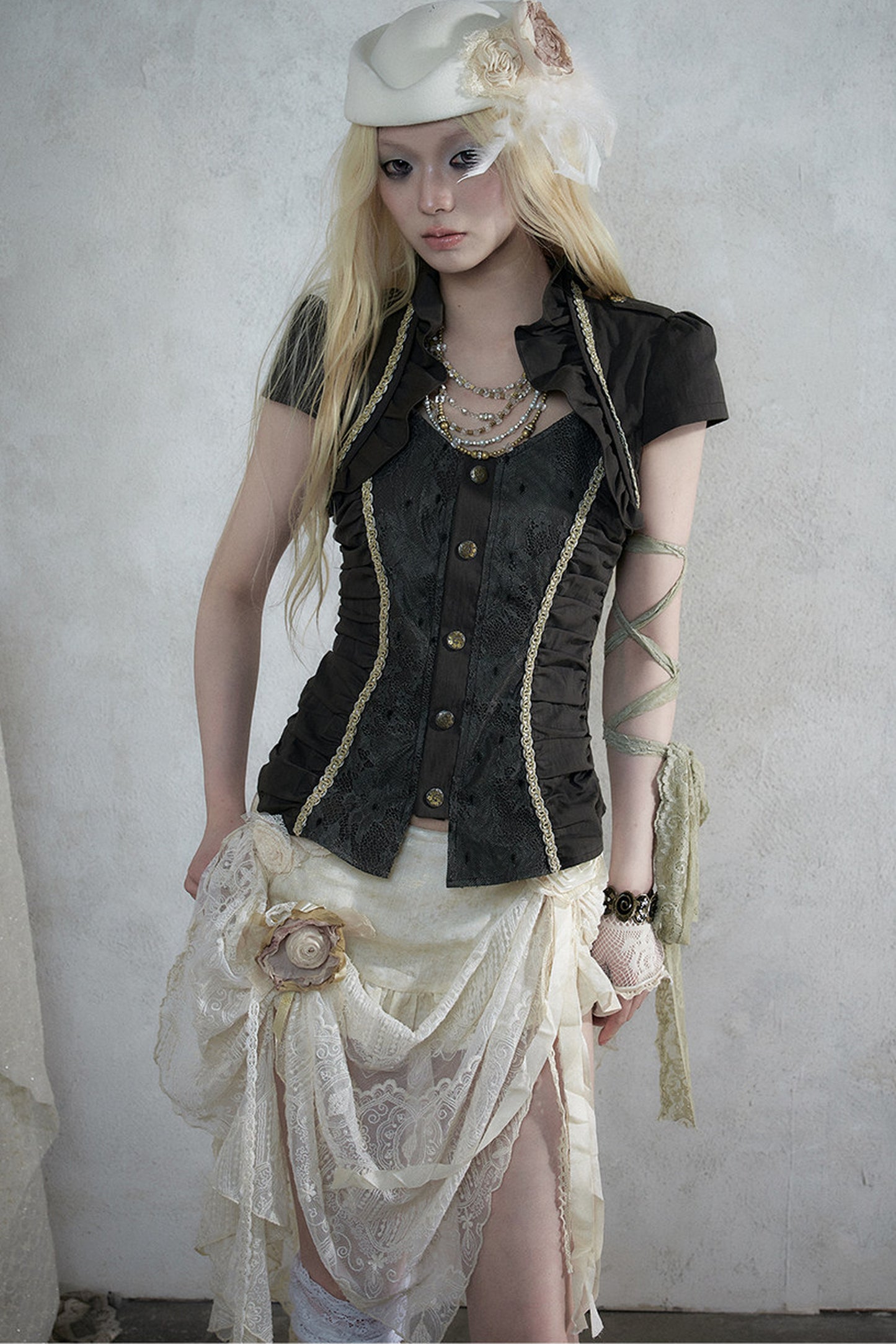 Lace Patchwork Ruched Layered-Look Shirt