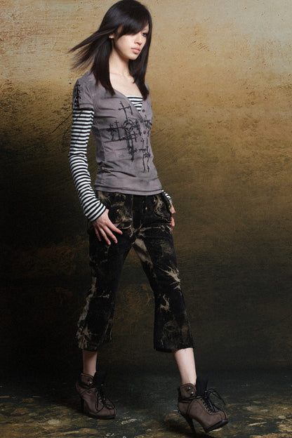 Cross Print Layered-Look V-Neck T-Shirt