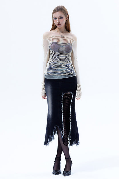 Y2K Striped Long-Sleeve Mesh Top