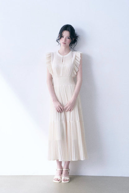 Beige Pleated Ruched Waist Dress