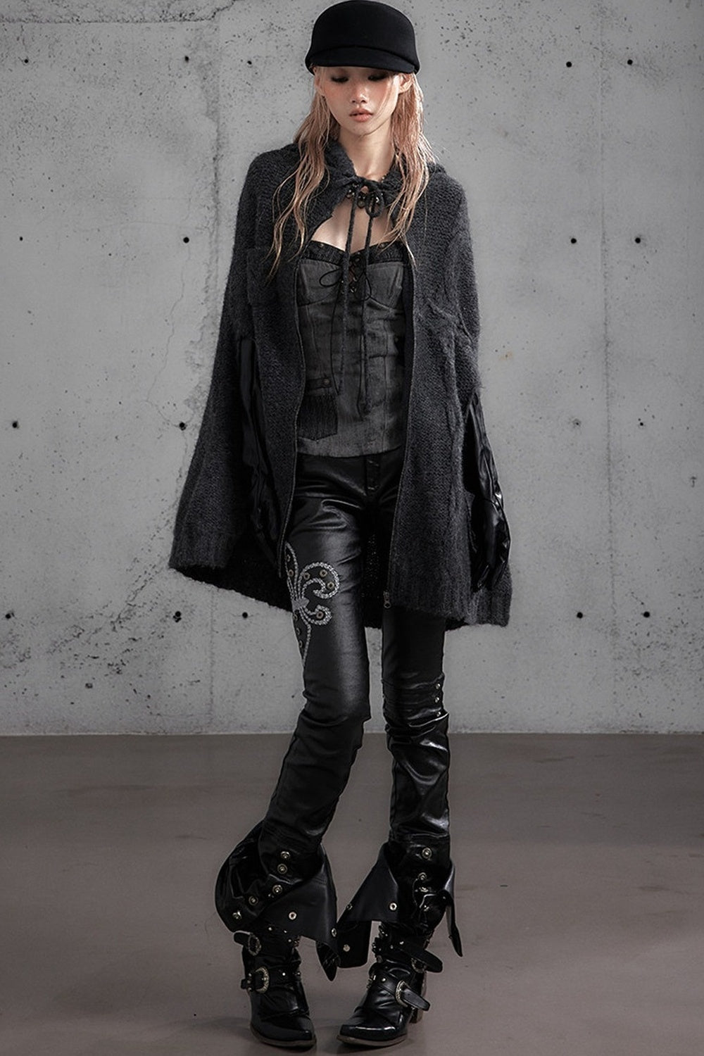 Punk Rock Embroidered Waxed Leather Pants