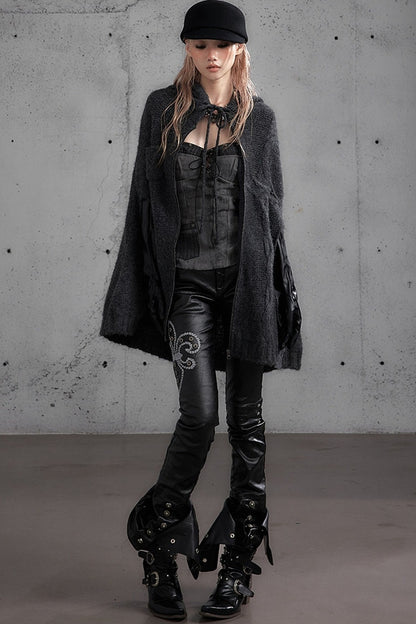 Punk Rock Embroidered Waxed Leather Pants