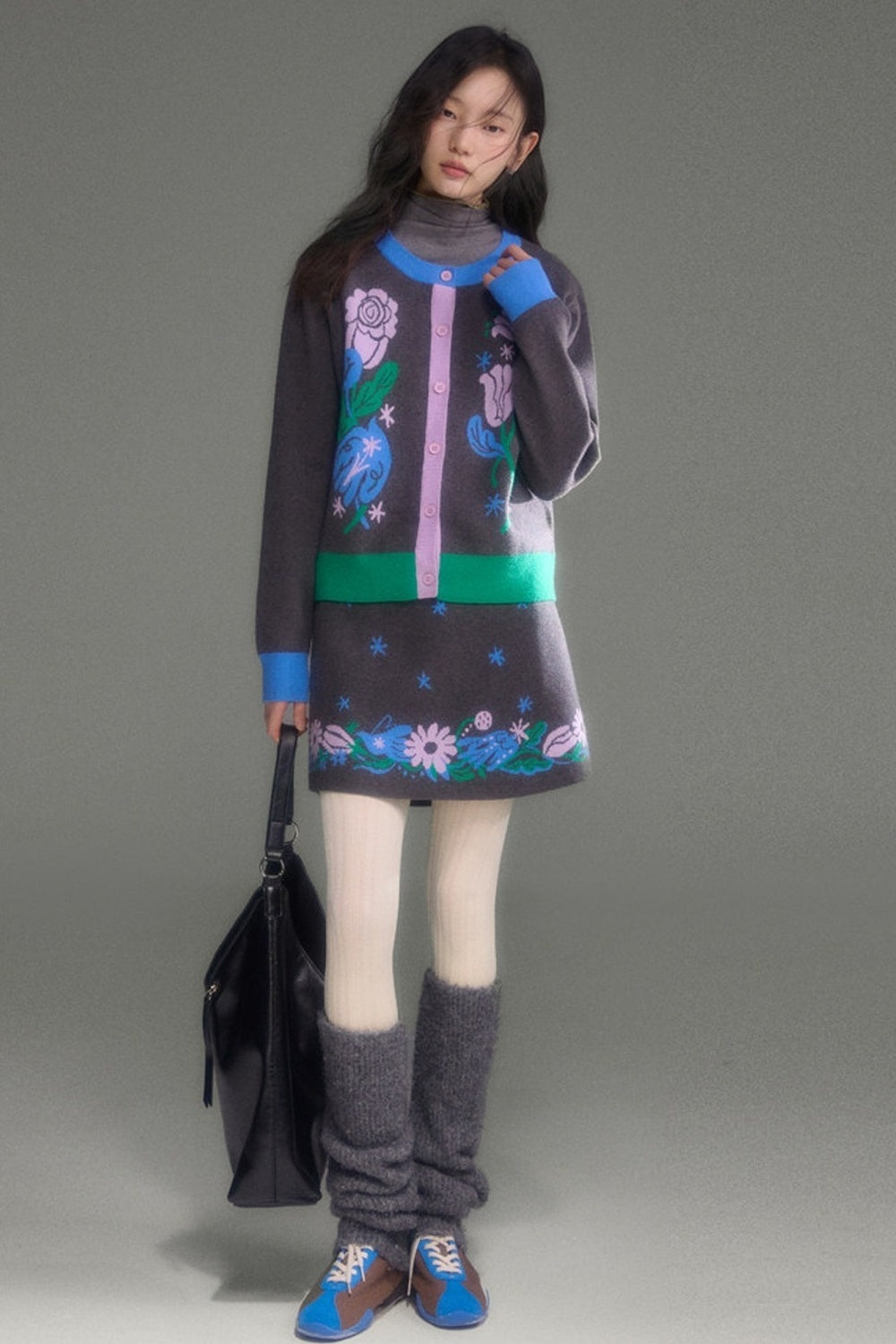 Nightingale Rose Bird Jacquard Knit Cardigan Vest and Skirt Set-Up